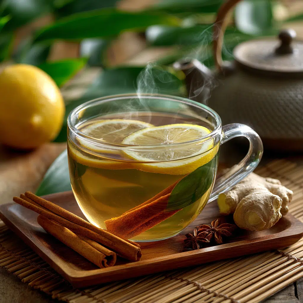 apanese Mounjaro drink with green tea, ginger, lemon, and cinnamon, served hot in a glass cup.
