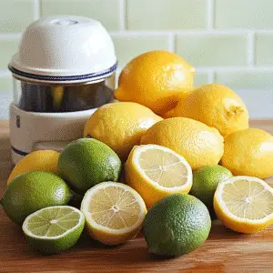 Fresh lemons, limes, and juicer for making fresh lemon-lime drinks