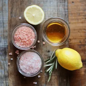 Ingredients for Pink Salt Trick - Pink Himalayan salt, lemon, apple cider vinegar, and warm water.