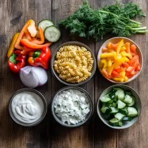 Ingredients for creamy pasta salad including pasta, mayonnaise, sour cream, bell peppers, cucumbers, and fresh herbs.