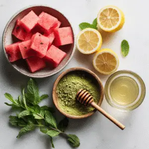 Ingredients for Watermelon Matcha Lemonade: watermelon, matcha, lemon, honey, and coconut water