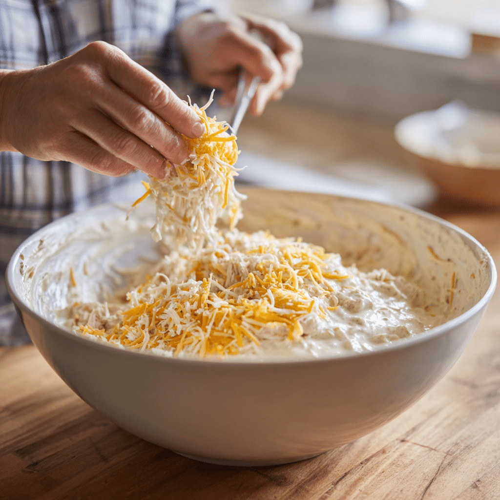Mixing the ingredients for Neiman Marcus Chicken Casserole in a large bowl.