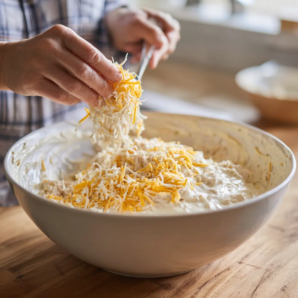 Mixing the ingredients for Neiman Marcus Chicken Casserole in a large bowl.