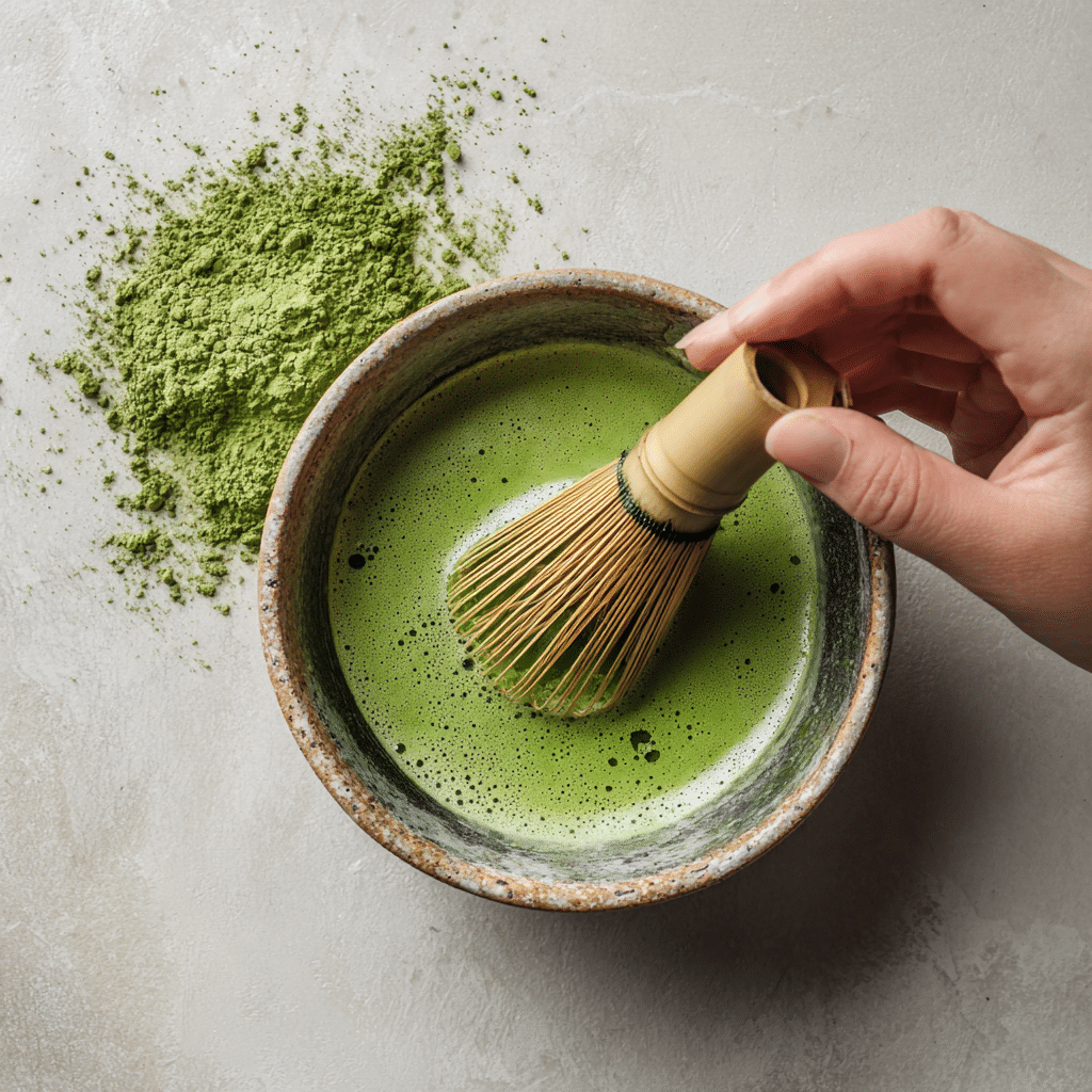 Whisking matcha powder with warm water to create a frothy mixture for Matcha Lemonade.