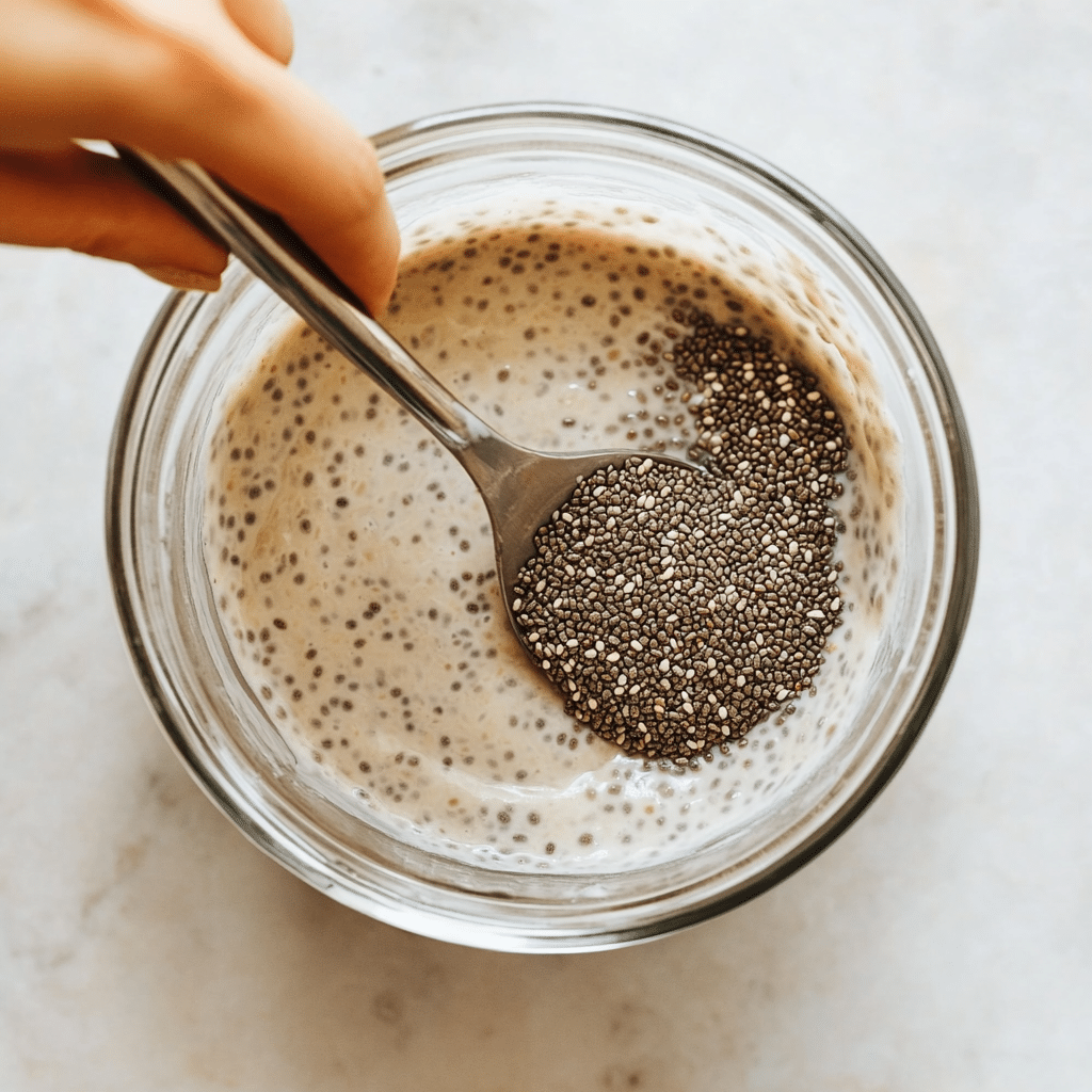 Mixing chia seeds with almond milk to prepare chia seed pudding.