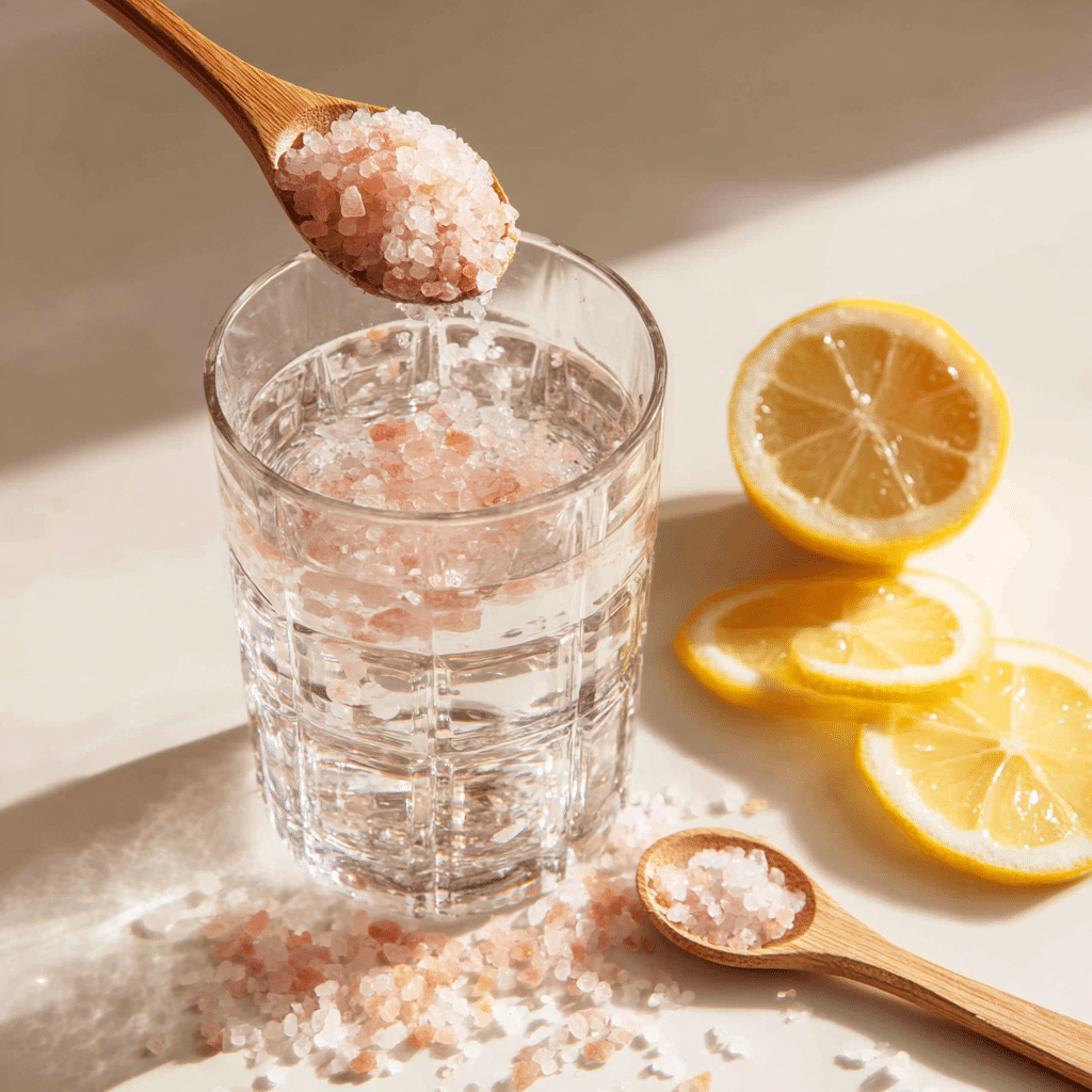 Mixing pink Himalayan salt into filtered water for the Japanese Pink Salt Trick.