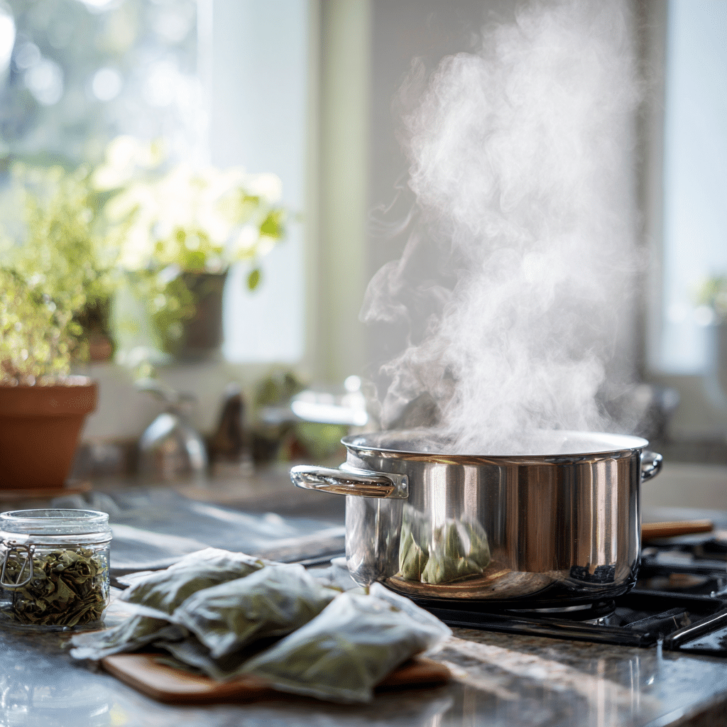 Boiling water for Costa Rican Tea with Guayusa tea leaves ready to be added