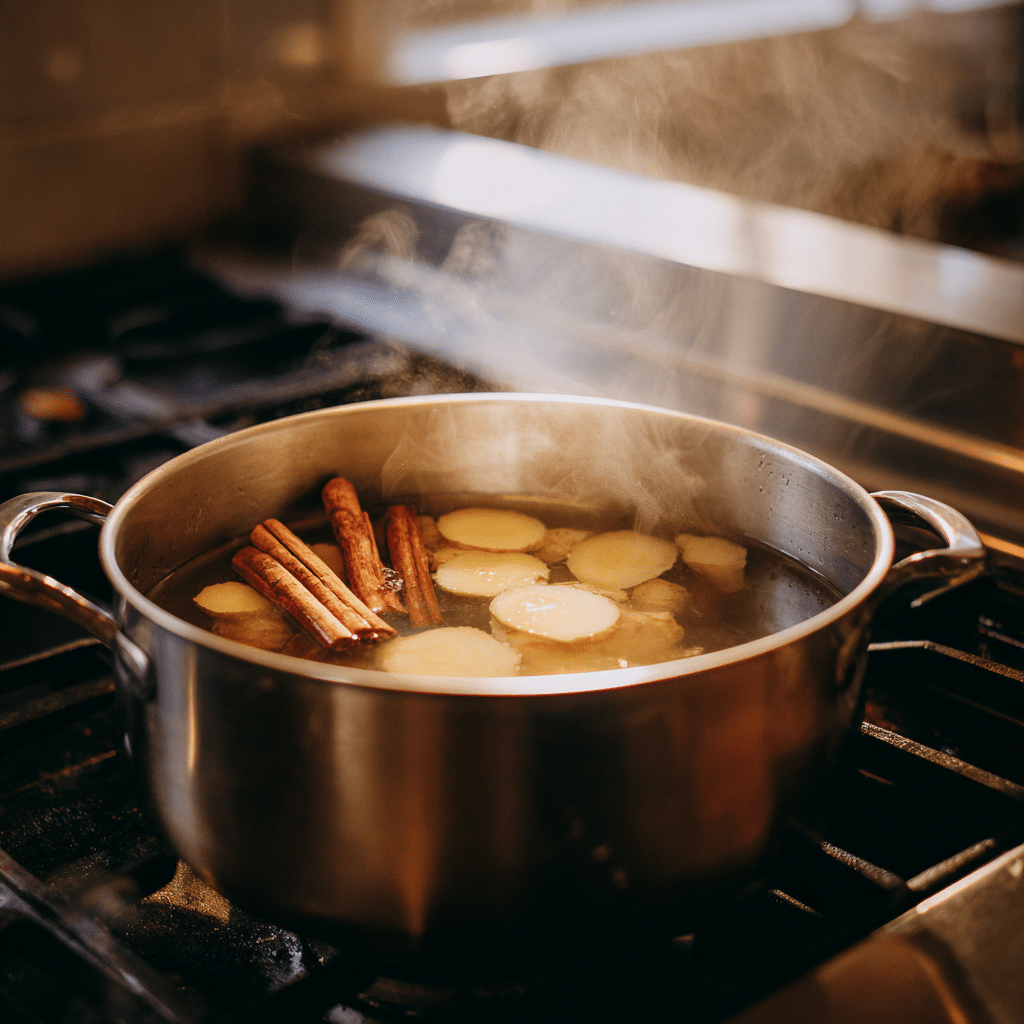 Boiling ginger and cinnamon for Japanese Mounjaro recipe.