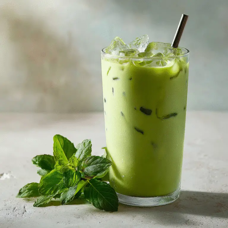 Low Calorie Iced Matcha Latte served in a glass with ice cubes and a straw.