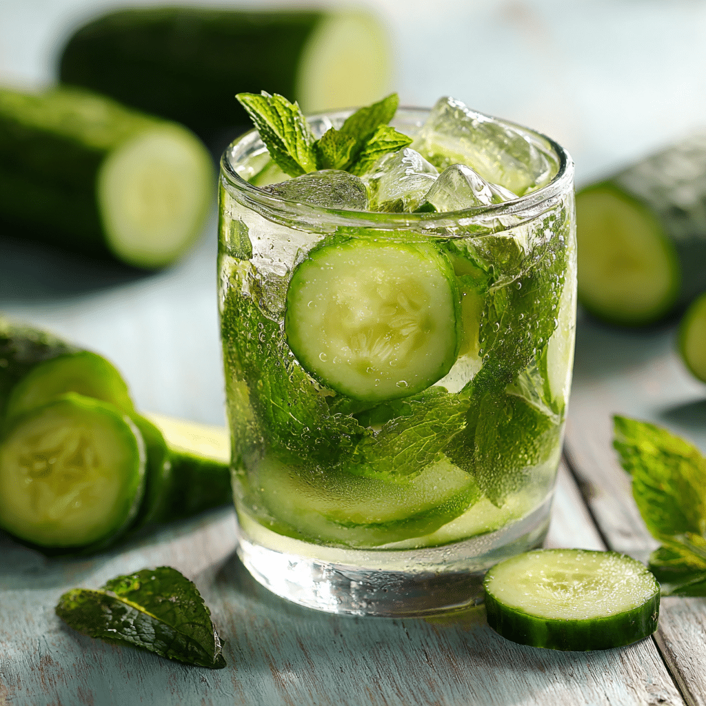 Cucumber drink with mint leaves and ice cubes in a glass