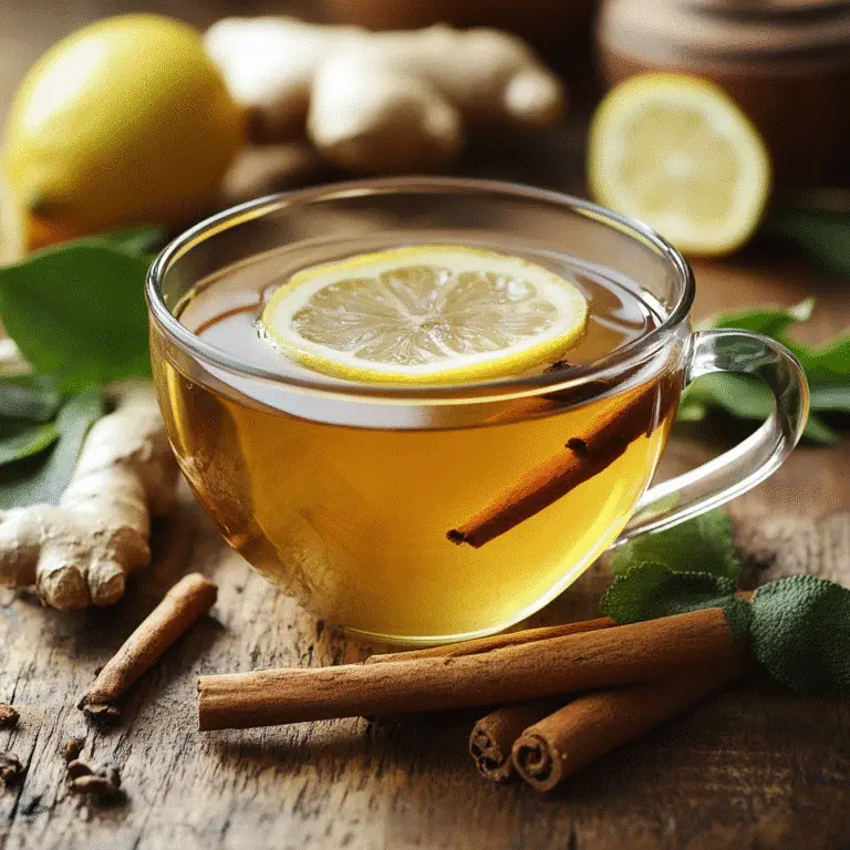 A cup of natural Mounjaro tea served with lemon slices and cinnamon sticks.