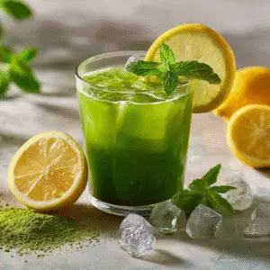 Matcha Lemonade served in a glass, garnished with lemon and mint, perfect for a healthy refreshment.