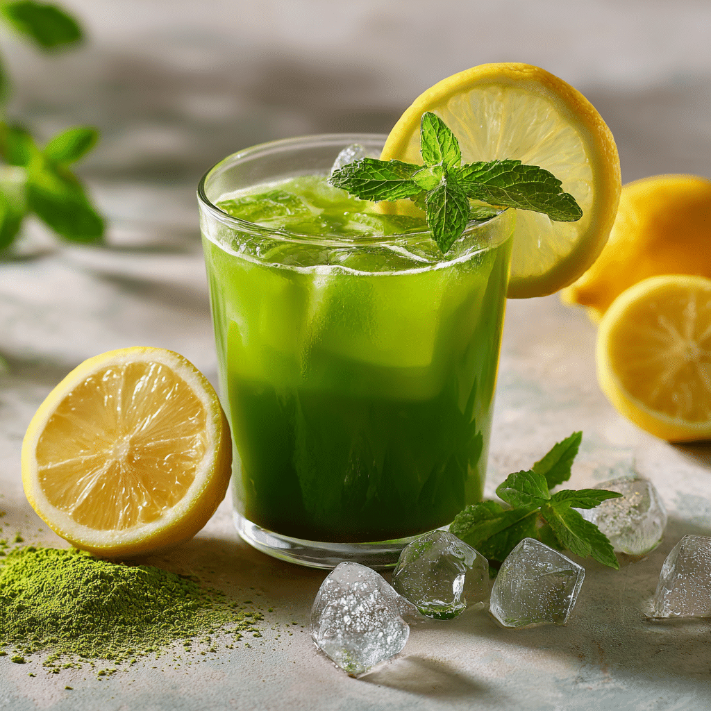 Matcha Lemonade served in a glass, garnished with lemon and mint, perfect for a healthy refreshment.