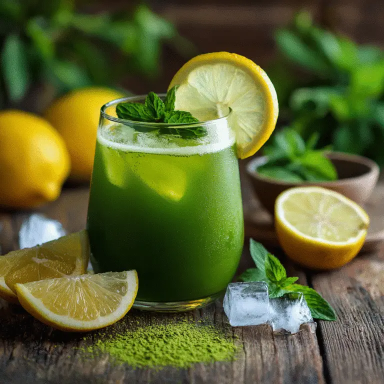 Matcha Lemonade served in a glass, garnished with lemon and mint, perfect for a healthy refreshment.