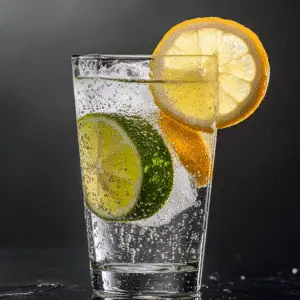 Fresh lemon-lime drink with ice and citrus slices, served in a tall glass.