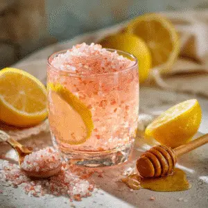 Japanese Pink Salt Trick drink with Himalayan salt, lemon, and honey, served in a rustic glass.