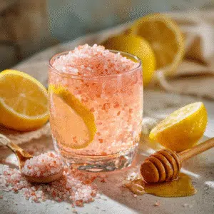 Japanese Pink Salt Trick drink with Himalayan salt, lemon, and honey, served in a rustic glass.