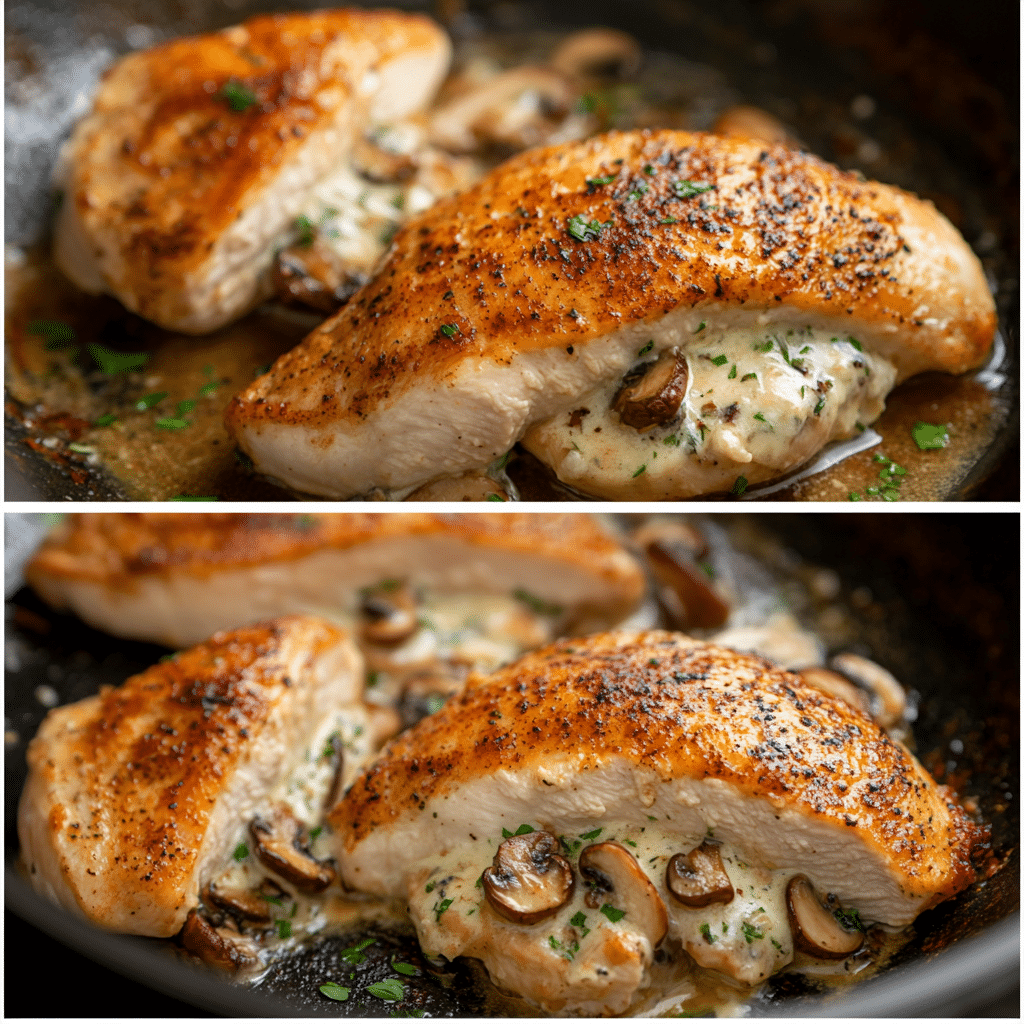 Step-by-step process of making Cheesy Garlic Butter Mushroom Stuffed Chicken
