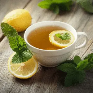 Soothing cup of lemon balm tea with lemon balm leaves, lemon slice, and mint