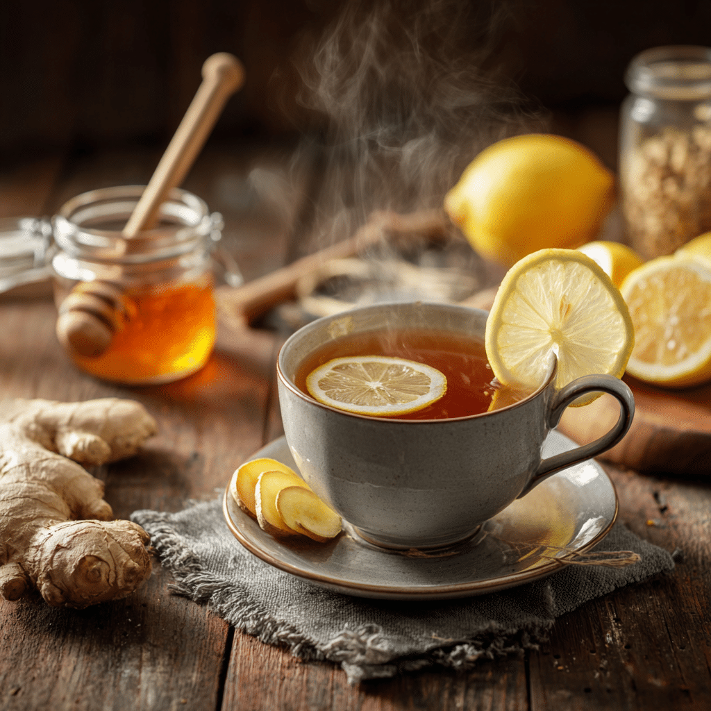 Serving Bariatric Tea in a mug with lemon and ginger garnish.