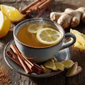 Japanese Mounjaro herbal drink with ginger, cinnamon, green tea, and lemon, served in a traditional cup.