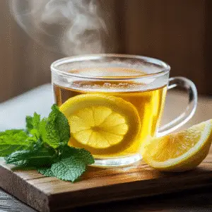 Steaming cup of lemon balm tea with lemon slices and mint leaves