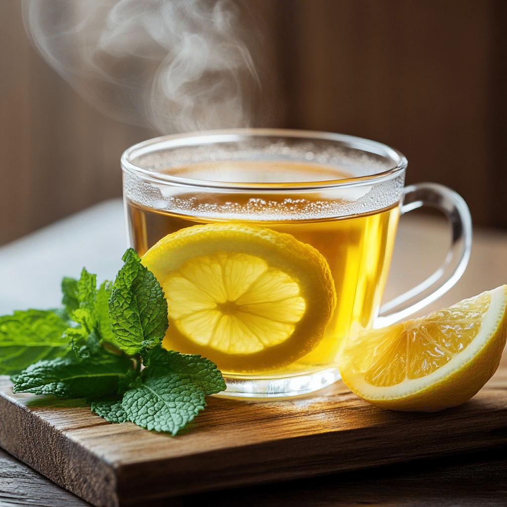 Steaming cup of lemon balm tea with lemon slices and mint leaves