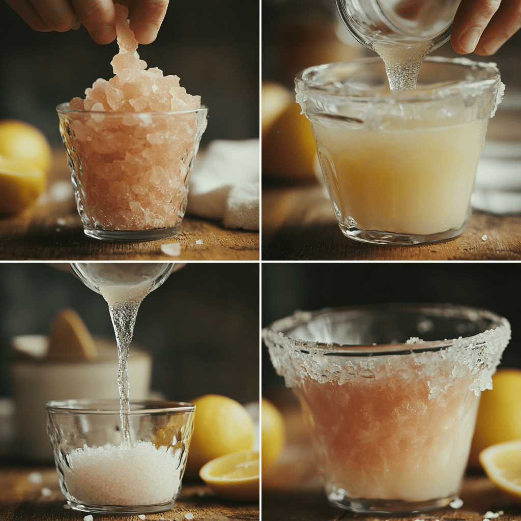 Mixing the Pink Salt Trick ingredients: pink Himalayan salt, lemon, apple cider vinegar, and warm water
