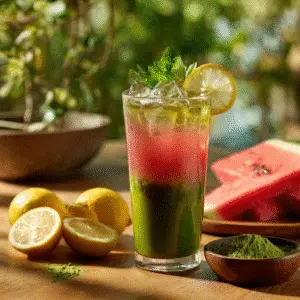 Watermelon Matcha Lemonade served in a tall glass with lemon and mint garnish
