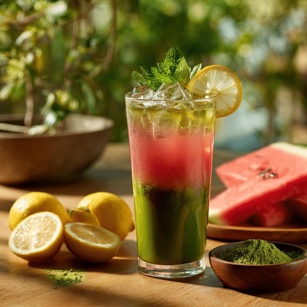 Watermelon Matcha Lemonade served in a tall glass with lemon and mint garnish