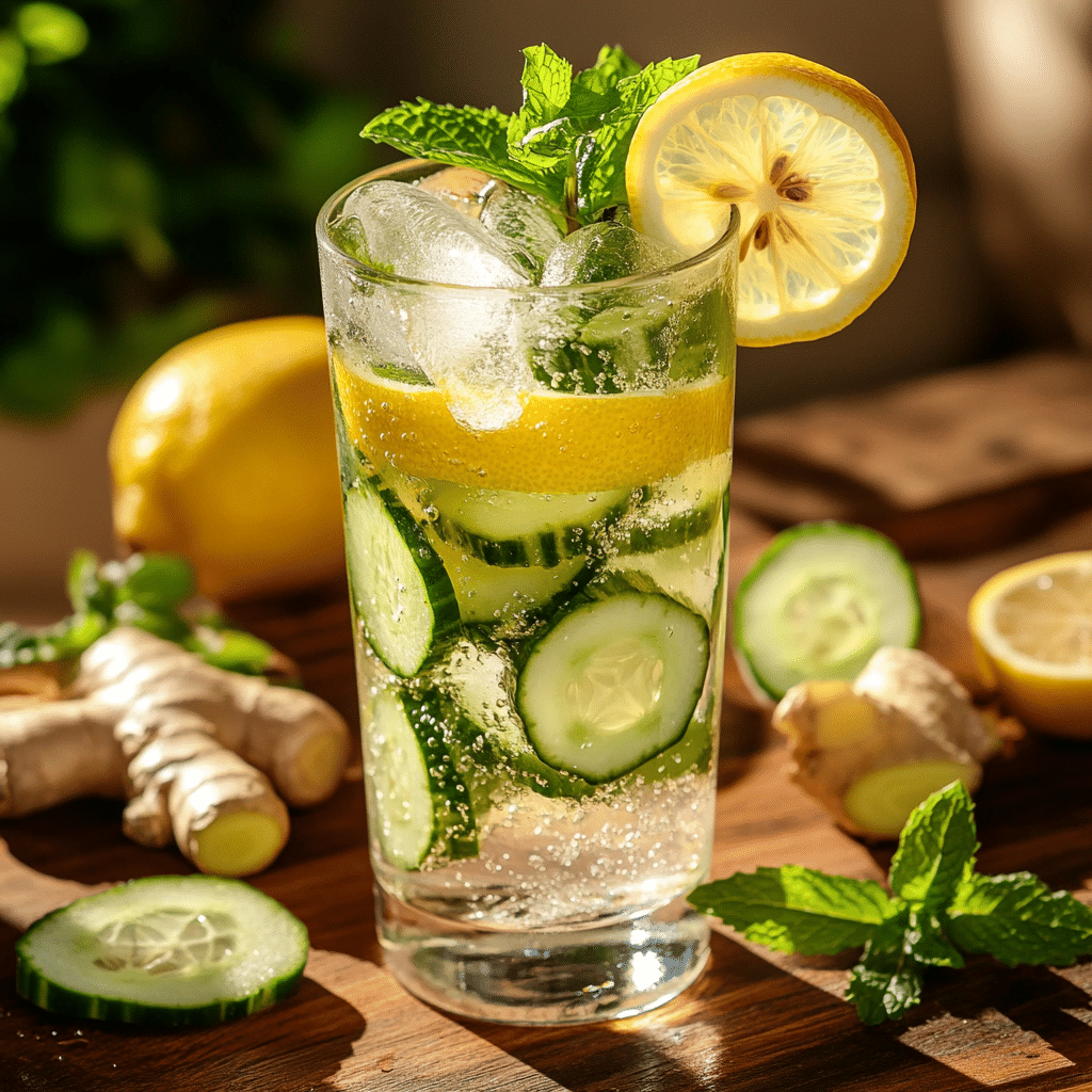 Glass of Lemon Ginger Cucumber Water with ice cubes and garnishes