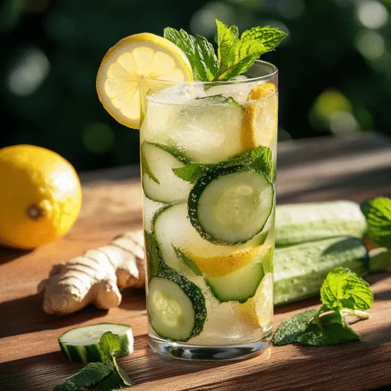 Adding cucumber slices to a jug with Lemon Ginger Cucumber Water