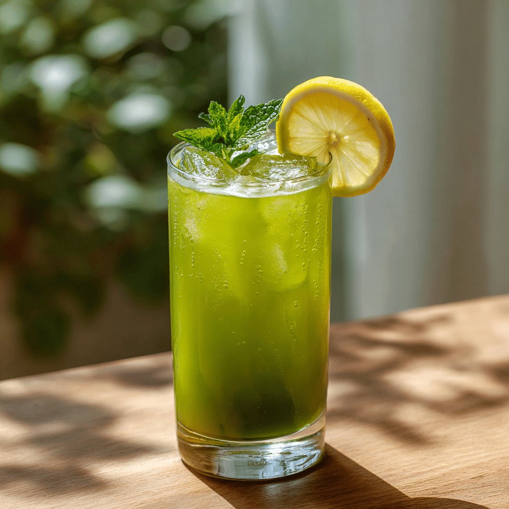 Serving refreshing Matcha Lemonade in a tall glass, garnished with lemon and mint.