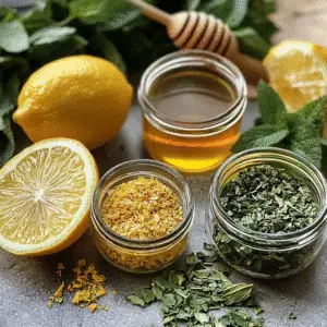 Ingredients for lemon balm tea including dried lemon balm leaves, lemon, honey, mint