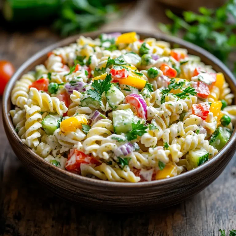 Creamy pasta salad with bell peppers, cucumbers, peas, and rotini pasta, garnished with fresh herbs.