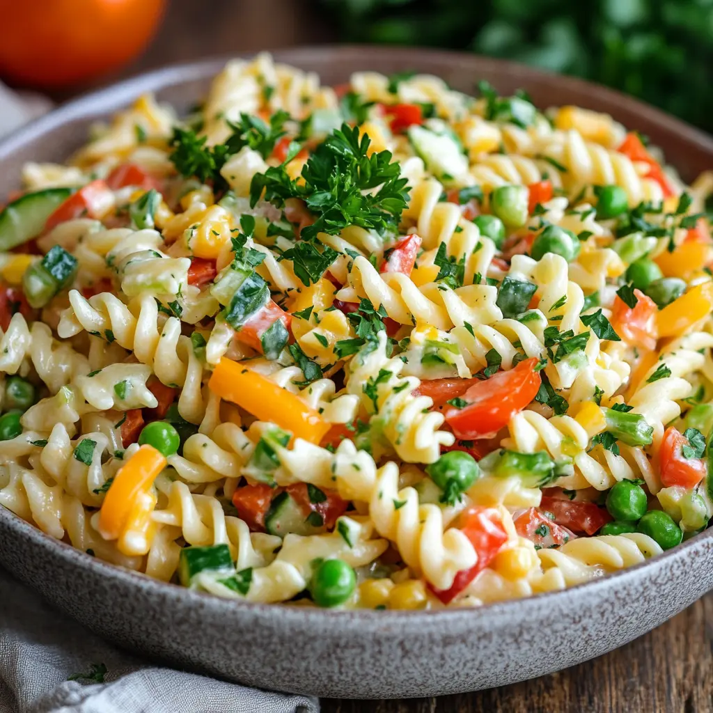 Creamy pasta salad with bell peppers, cucumbers, peas, and rotini pasta, garnished with fresh herbs.