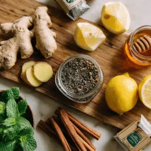 Ingredients for Costa Rican Tea: Guayusa, ginger, cinnamon, lemon, and honey
