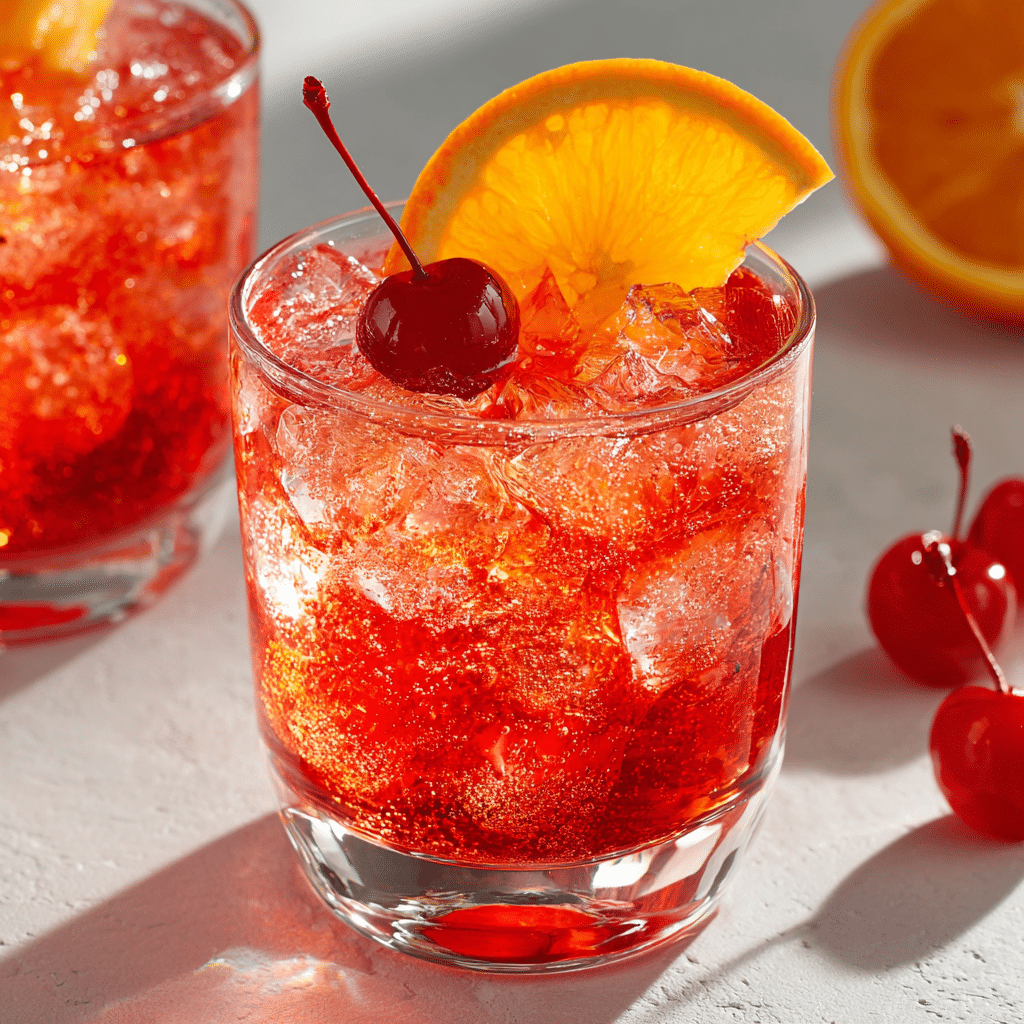 Shirley Temple drink with ginger ale, grenadine, and maraschino cherry garnish