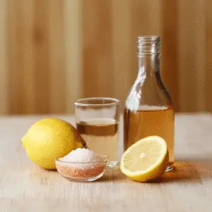 Ingredients for 4 Ingredient Pink Salt Trick including pink salt, lemon, apple cider vinegar, and warm water