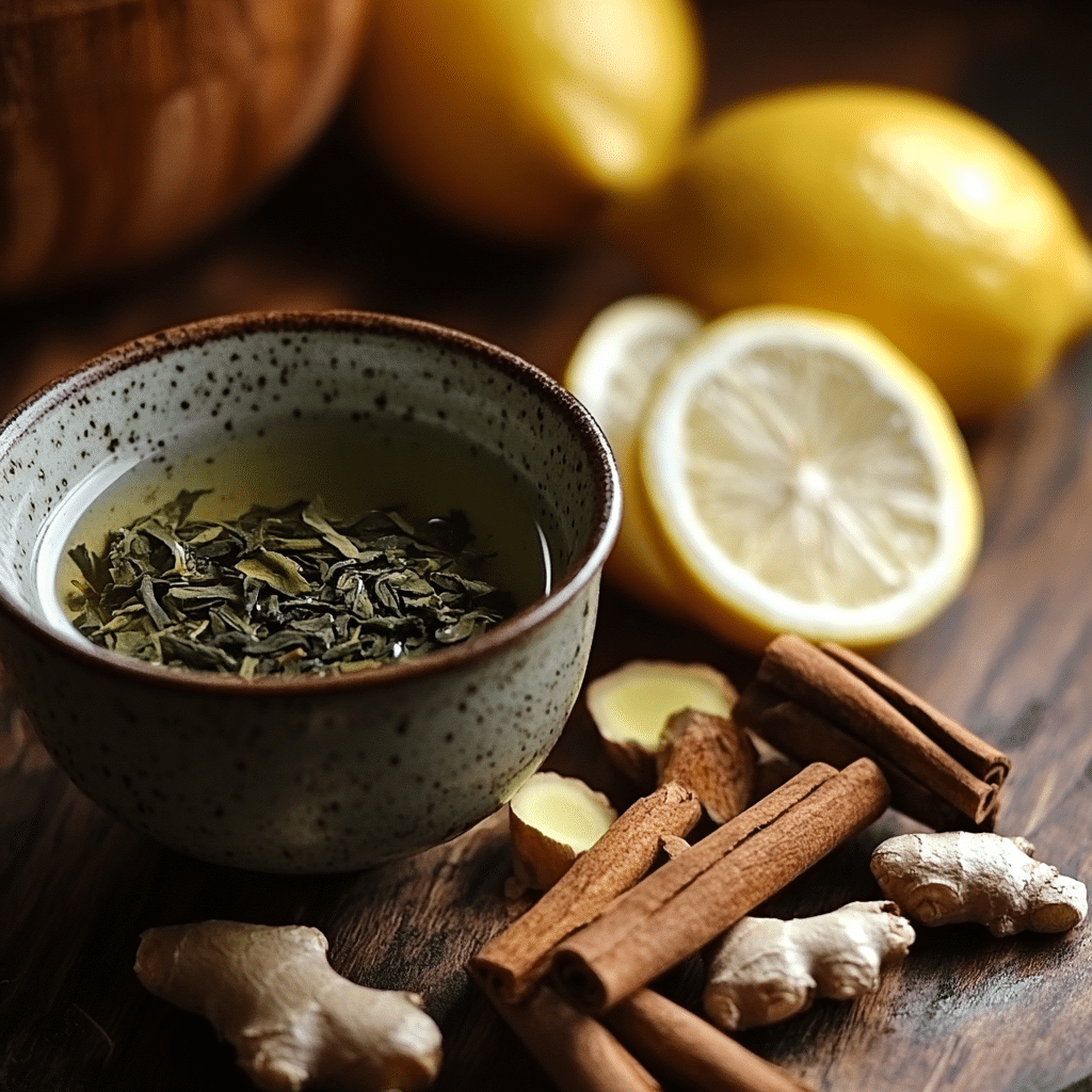Brewing natural Mounjaro tea with green tea leaves, cinnamon, ginger, and lemon.