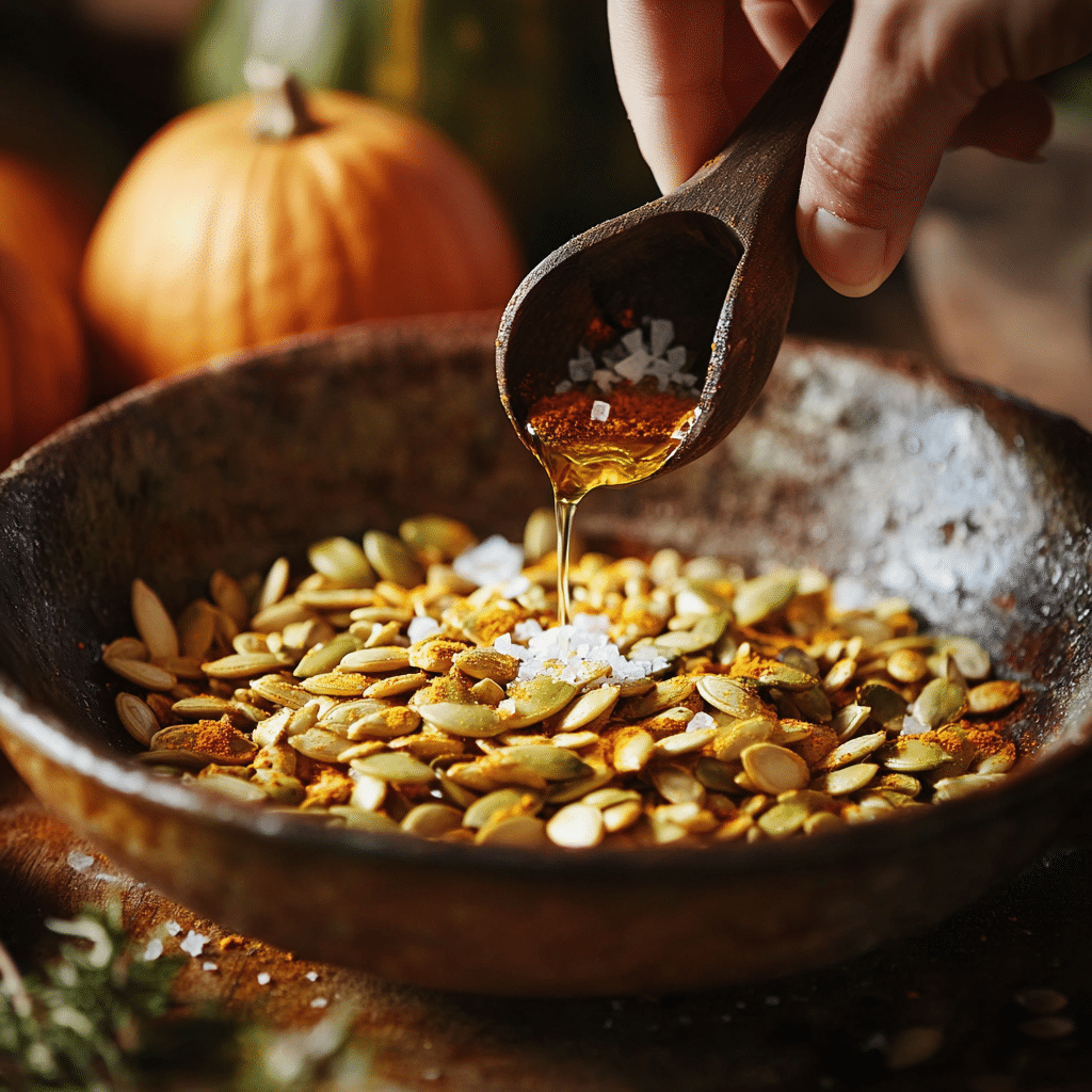 Preparing pumpkin seeds with olive oil and seasonings before roasting.