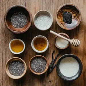Ingredients for chia seed pudding: chia seeds, almond milk, honey, vanilla extract.