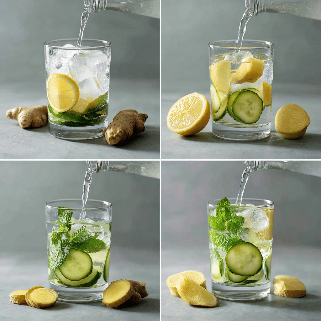 Step-by-step process of making the Ice Water Hack weight loss drink with lemon, cucumber, ginger, and mint