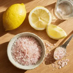 Key ingredients for Oprah's pink salt weight loss drink: Himalayan salt, lemon, spoon, and water