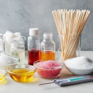 Ingredients for homemade lollipops: sugar, corn syrup, flavoring, food coloring, and lollipop sticks