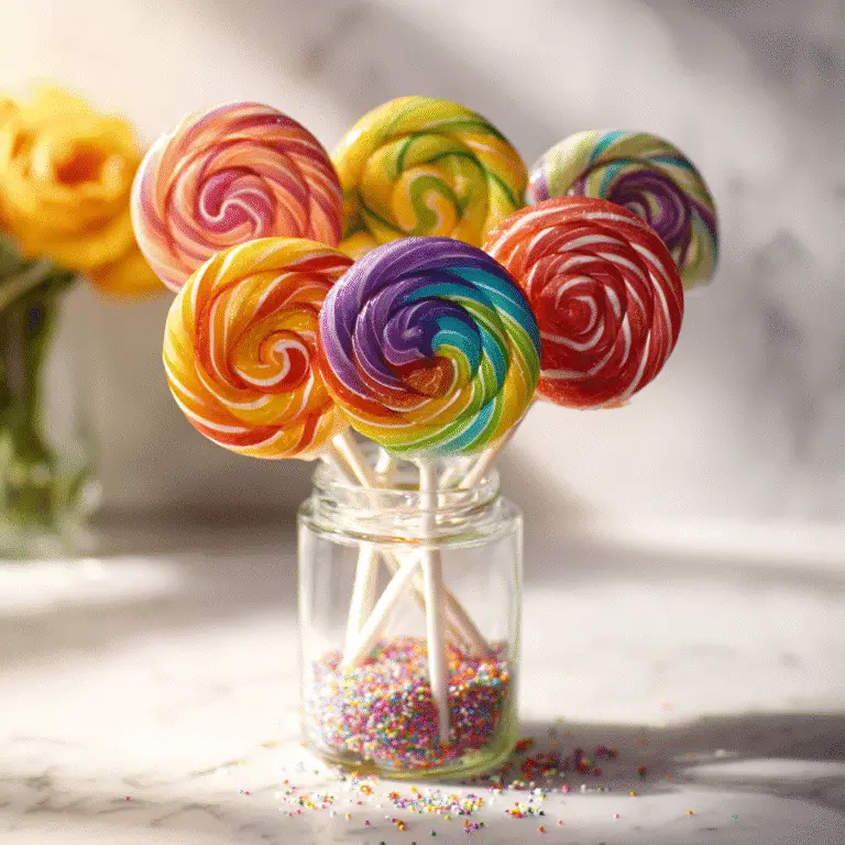 Homemade lollipop bouquet with colorful lollipops in a vase