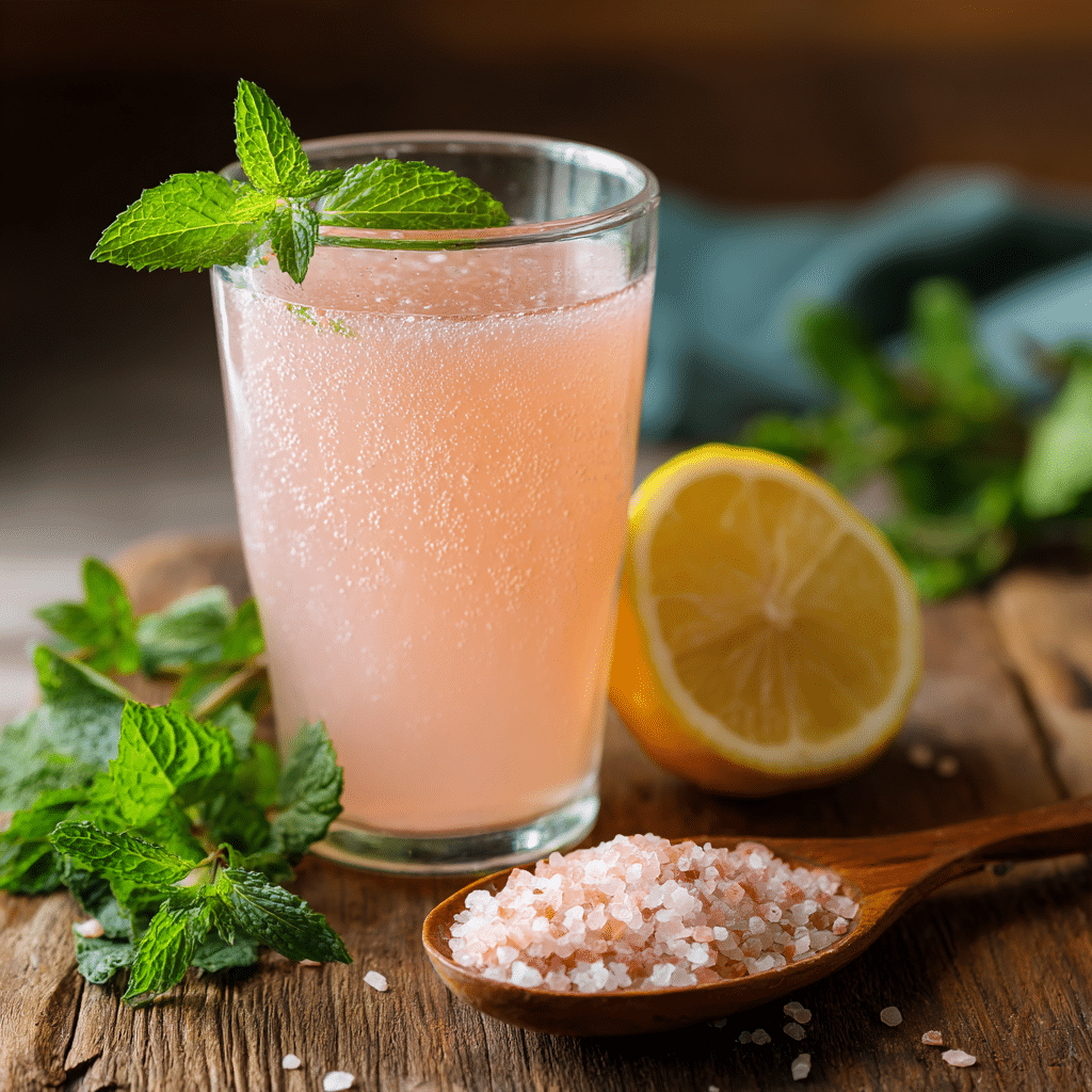 Oprah's pink salt drink served with fresh mint and lemon slices for weight loss