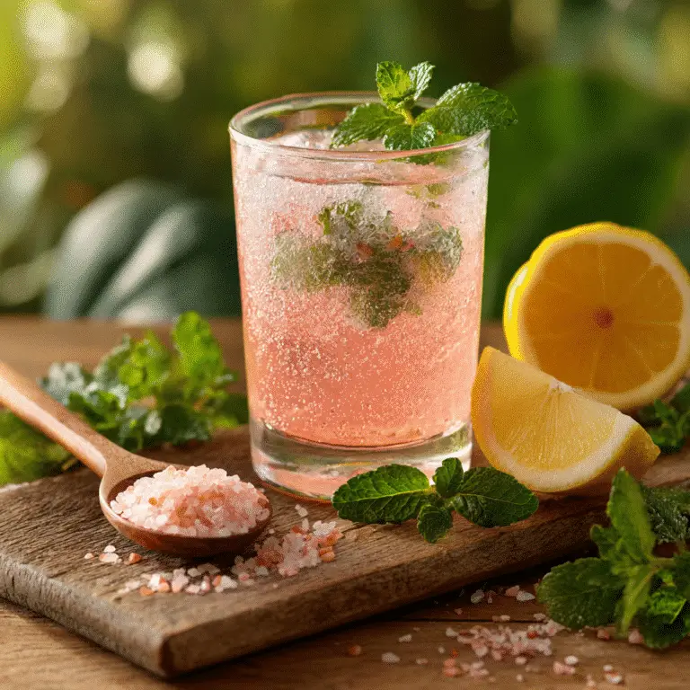 Oprah's pink salt drink served with fresh mint and lemon slices for weight loss