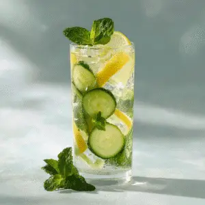 Ice Water Hack recipe weight loss drink with ice cubes, lemon, cucumber, and mint