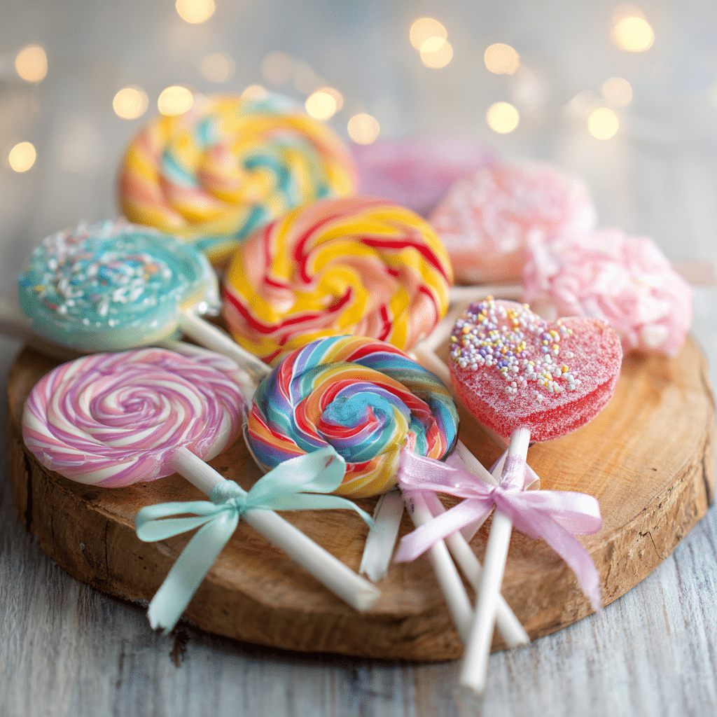 Homemade lollipops in colorful shapes and flavors, wrapped with ribbons